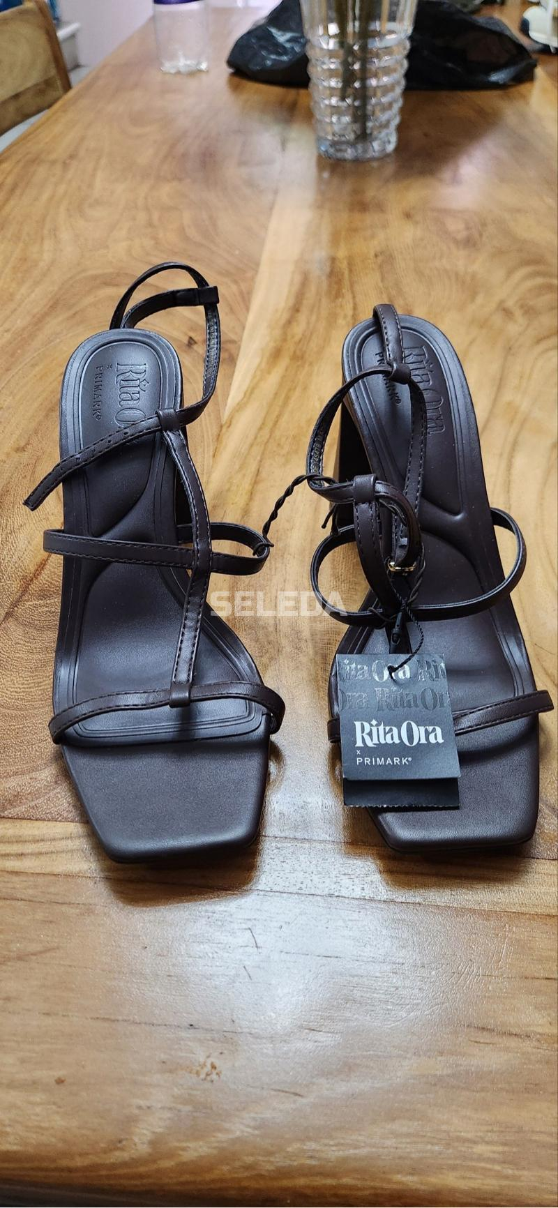 Brown T Strap High Block Heel